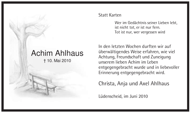  Traueranzeige für Achim Ahlhaus vom 19.06.2010 aus WESTFÄLISCHER ANZEIGER