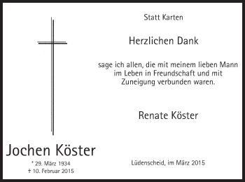 Traueranzeige von Jochen Köster von MZV
