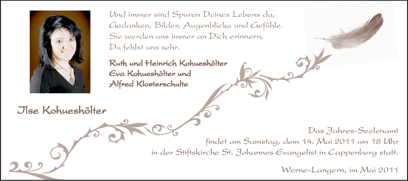  Traueranzeige für Ilse Kohueshölter vom 07.05.2011 aus WESTFÄLISCHER ANZEIGER