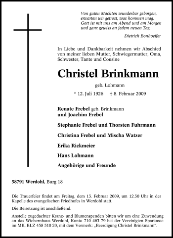 Traueranzeige von Christel Brinkmann von WESTFÄLISCHER ANZEIGER