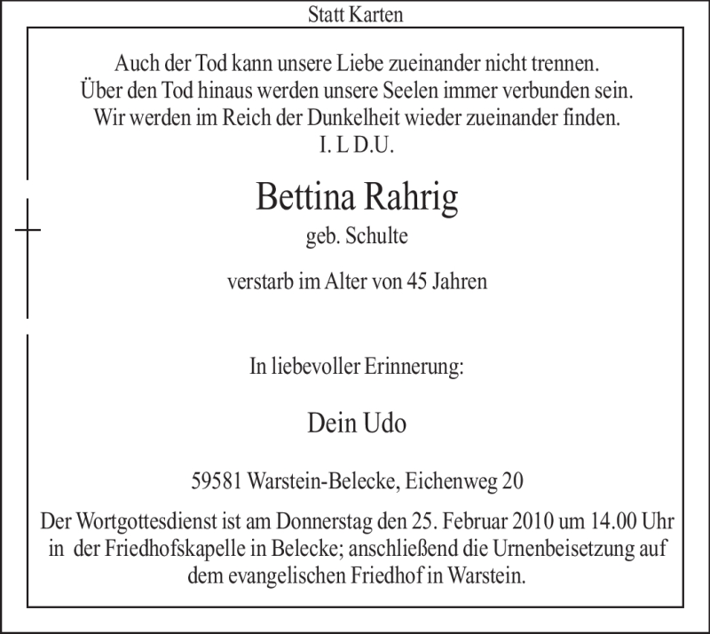  Traueranzeige für Bettina Rahrig vom 23.02.2010 aus WESTFÄLISCHER ANZEIGER