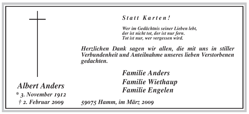  Traueranzeige für Albert Anders vom 28.03.2009 aus WESTFÄLISCHER ANZEIGER