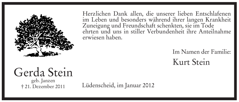  Traueranzeige für Gerda Stein vom 28.01.2012 aus WESTFÄLISCHER ANZEIGER