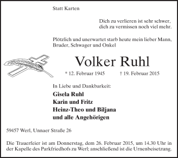 Traueranzeige von Volker Ruhl von MZV