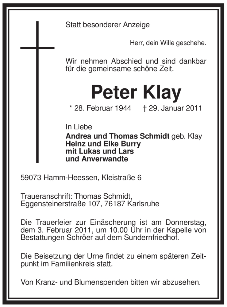  Traueranzeige für Peter Klay vom 01.02.2011 aus WESTFÄLISCHER ANZEIGER