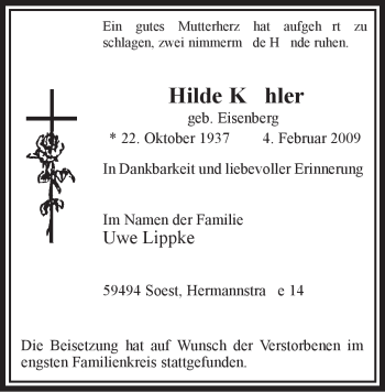 Traueranzeige von Hilde Köhler von WESTFÄLISCHER ANZEIGER