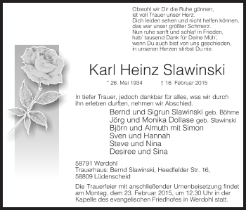 Traueranzeige von Karl Heinz Slawinski von MZV
