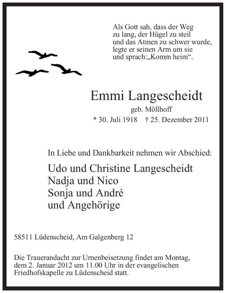  Traueranzeige für Emmi Langenscheidt vom 29.12.2011 aus WESTFÄLISCHER ANZEIGER