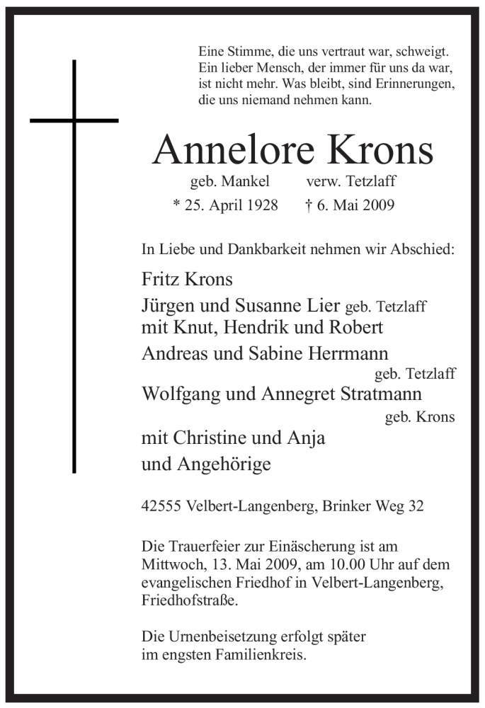  Traueranzeige für Annelore Krons vom 09.05.2009 aus WESTFÄLISCHER ANZEIGER