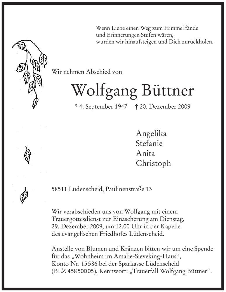  Traueranzeige für Wolfgang Büttner vom 23.12.2009 aus WESTFÄLISCHER ANZEIGER