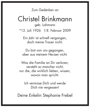 Traueranzeige von Christel Brinkmann von WESTFÄLISCHER ANZEIGER