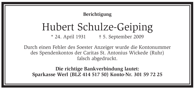  Traueranzeige für Hubert Schulze-Geiping vom 08.09.2009 aus WESTFÄLISCHER ANZEIGER