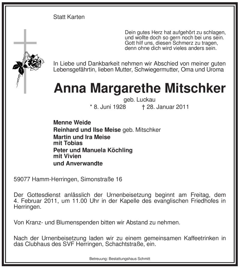  Traueranzeige für Anna Margarethe Mitschker vom 01.02.2011 aus WESTFÄLISCHER ANZEIGER