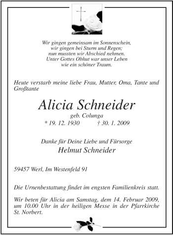 Traueranzeige von Alicia Schneider von WESTFÄLISCHER ANZEIGER