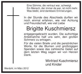 Traueranzeige von Brigitte Kuschmiersz von WESTFÄLISCHER ANZEIGER