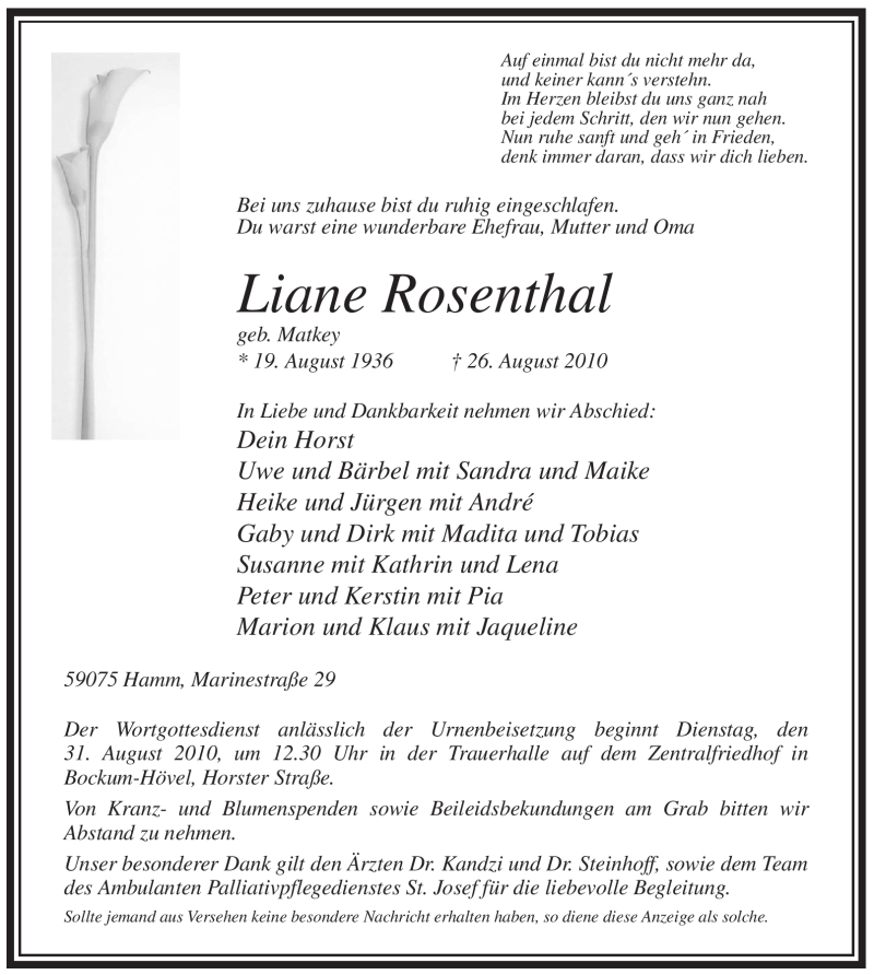  Traueranzeige für Liane Rosenthal vom 28.08.2010 aus WESTFÄLISCHER ANZEIGER