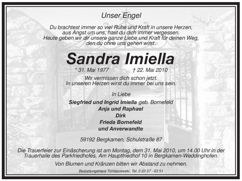  Traueranzeige für Sandra Imiella vom 25.05.2010 aus WESTFÄLISCHER ANZEIGER