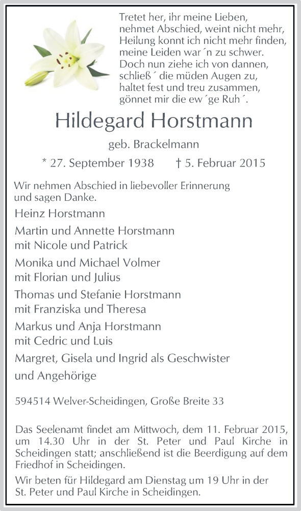  Traueranzeige für Hildegard Horstmann vom 07.02.2015 aus MZV