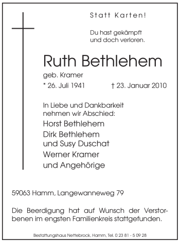 Traueranzeige von Ruth Bethlehem von WESTFÄLISCHER ANZEIGER