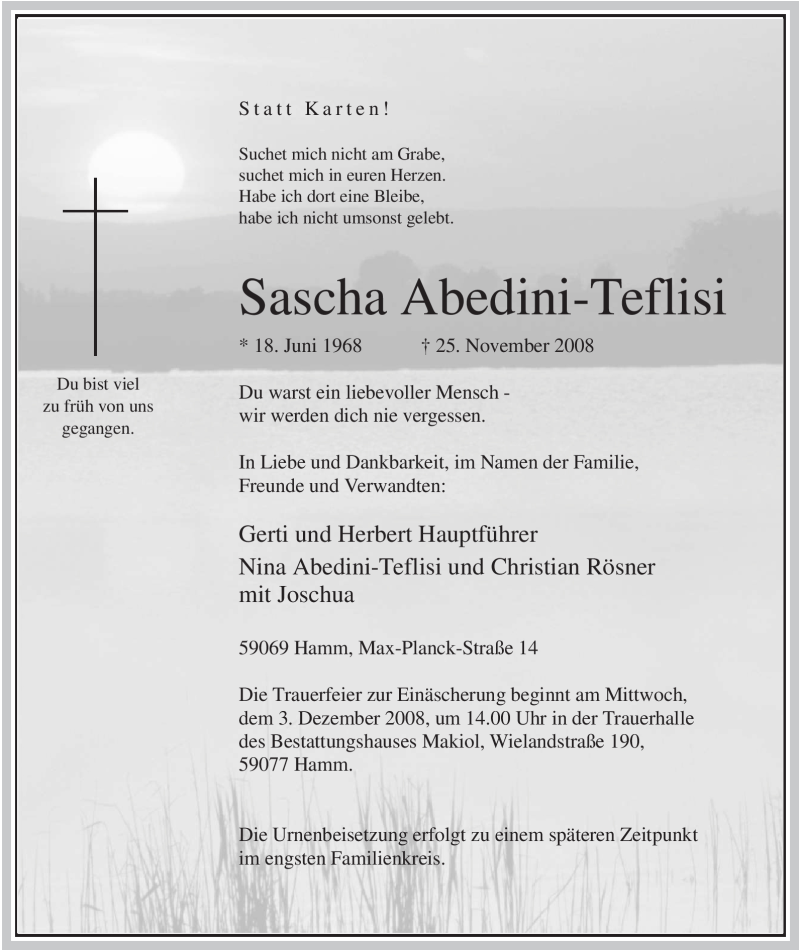  Traueranzeige für Sascha Abedini-Teflisi vom 29.11.2008 aus WESTFÄLISCHER ANZEIGER