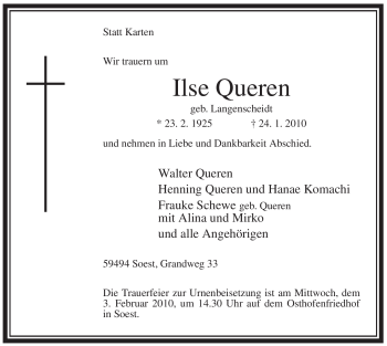 Traueranzeige von Ilse Queren von WESTFÄLISCHER ANZEIGER