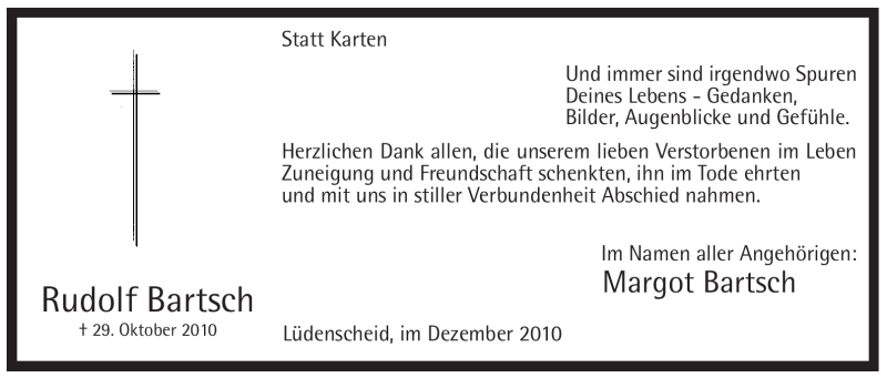  Traueranzeige für Rudolf Bartsch vom 18.12.2010 aus WESTFÄLISCHER ANZEIGER