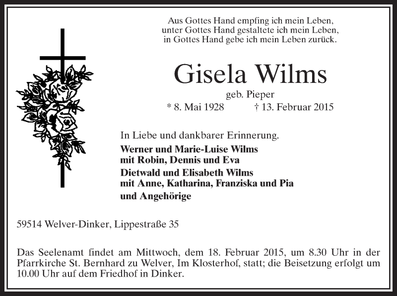  Traueranzeige für Gisela Wilms vom 14.02.2015 aus MZV
