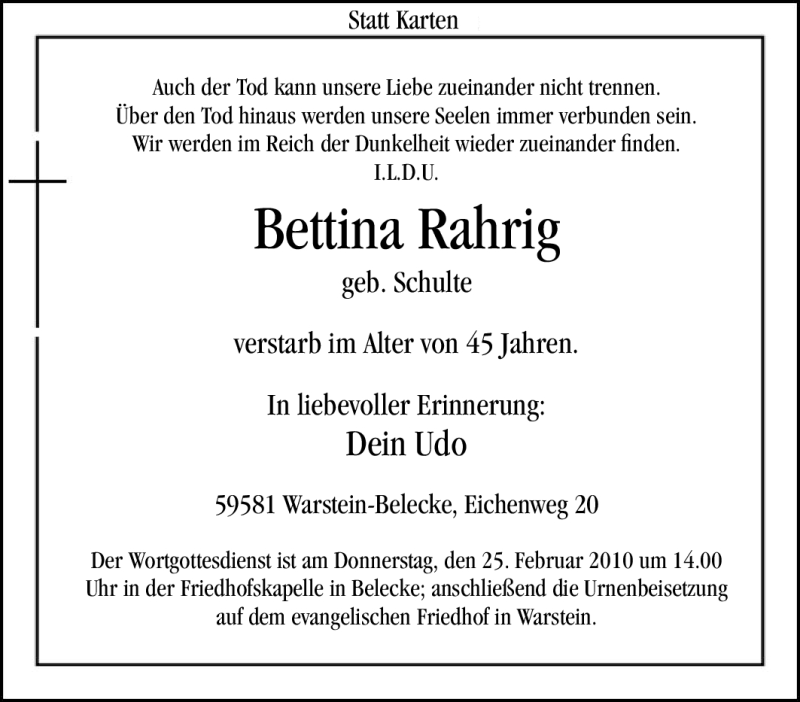  Traueranzeige für Bettina Rahrig vom 23.02.2010 aus WESTFÄLISCHER ANZEIGER