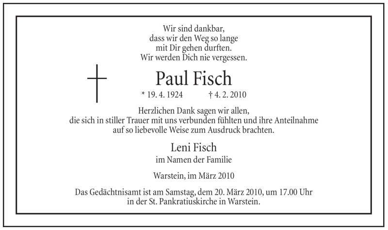  Traueranzeige für Paul Fisch vom 13.03.2010 aus WESTFÄLISCHER ANZEIGER