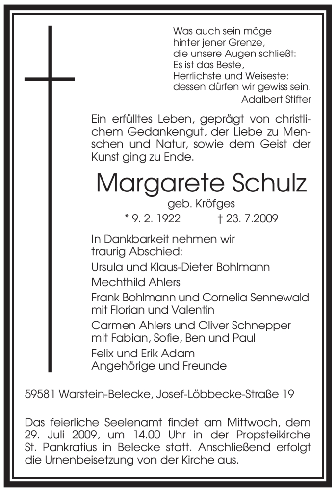  Traueranzeige für Margarete Schulz vom 27.07.2009 aus WESTFÄLISCHER ANZEIGER