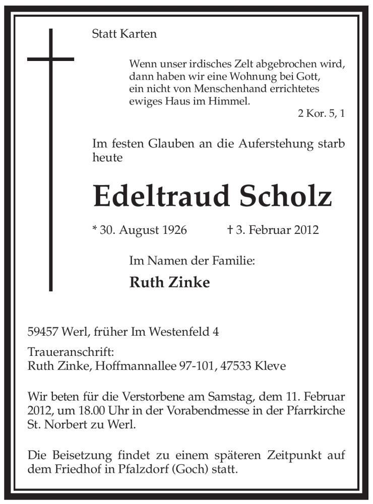  Traueranzeige für Edeltraud Scholz vom 08.02.2012 aus WESTFÄLISCHER ANZEIGER