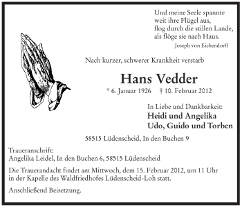 Traueranzeige von Hans Vedder von WESTFÄLISCHER ANZEIGER