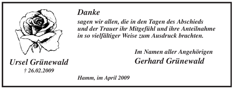  Traueranzeige für Ursel Grünewald vom 18.04.2009 aus WESTFÄLISCHER ANZEIGER