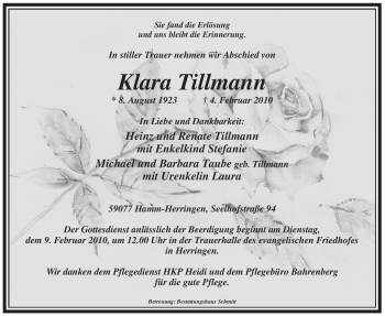 Traueranzeige von Klara Tillmann von WESTFÄLISCHER ANZEIGER