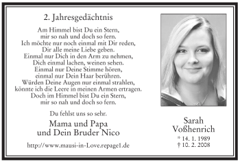 Traueranzeige von Sarah Voßhenrich von WESTFÄLISCHER ANZEIGER