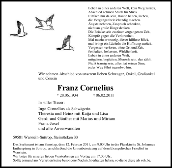 Traueranzeige von Franz Cornelius von WESTFÄLISCHER ANZEIGER