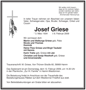 Traueranzeige von Josef Griese von WESTFÄLISCHER ANZEIGER