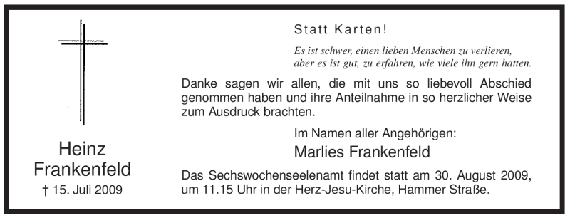  Traueranzeige für Heinz Frankenfeld vom 22.08.2009 aus WESTFÄLISCHER ANZEIGER