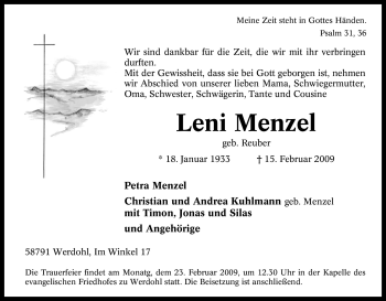 Traueranzeige von Leni Menzel von WESTFÄLISCHER ANZEIGER