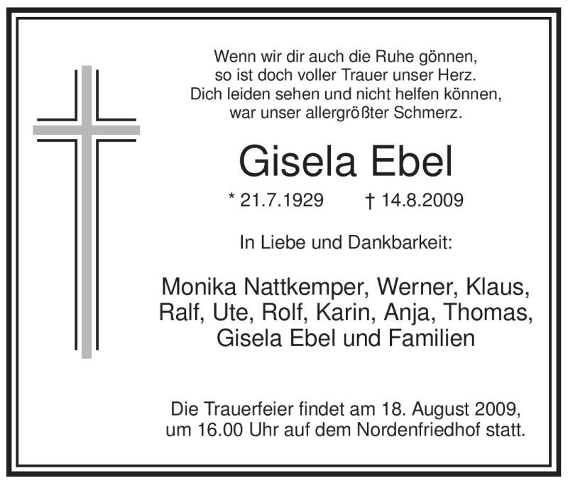  Traueranzeige für Gisela Ebel vom 18.08.2009 aus WESTFÄLISCHER ANZEIGER