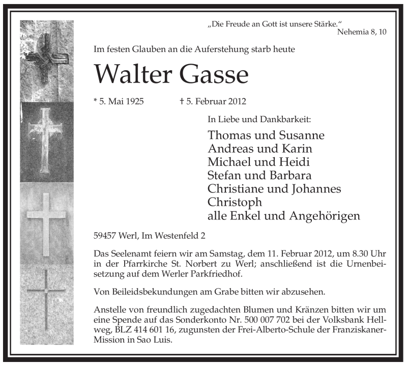  Traueranzeige für Walter Gasse vom 08.02.2012 aus WESTFÄLISCHER ANZEIGER