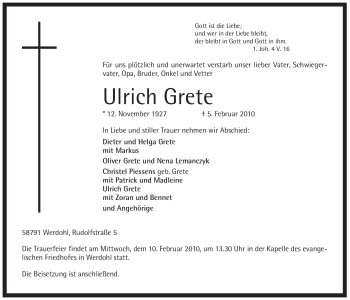 Traueranzeige von Ulrich Grete von WESTFÄLISCHER ANZEIGER
