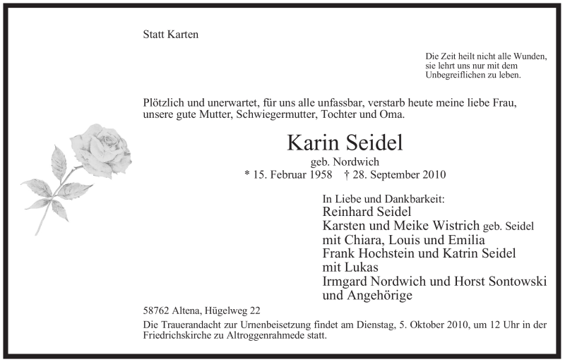  Traueranzeige für Karin Seidel vom 30.09.2010 aus WESTFÄLISCHER ANZEIGER