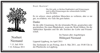 Traueranzeige von Norbert Niemand von WESTFÄLISCHER ANZEIGER