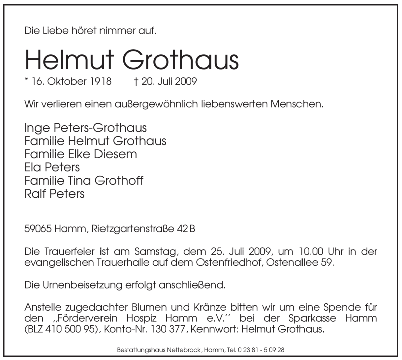  Traueranzeige für Helmut Grothaus vom 22.07.2009 aus WESTFÄLISCHER ANZEIGER