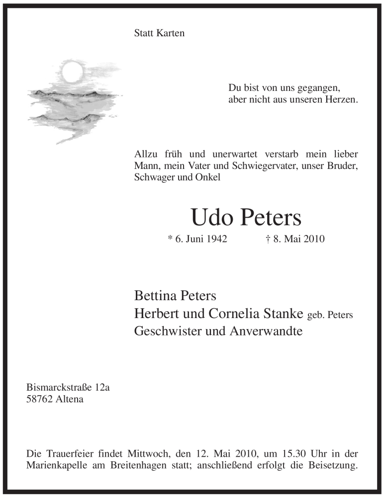  Traueranzeige für Udo Peters vom 10.05.2010 aus WESTFÄLISCHER ANZEIGER