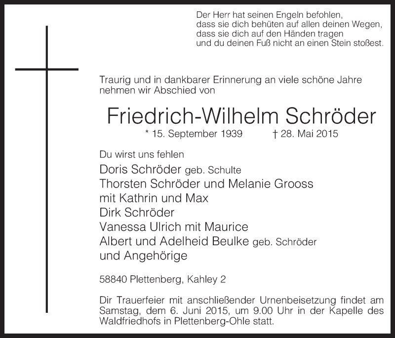  Traueranzeige für Friedrich-Wilhelm Schröder vom 02.06.2015 aus MZV