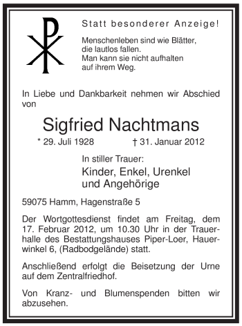 Traueranzeige von Siegfried Nachtmans von WESTFÄLISCHER ANZEIGER