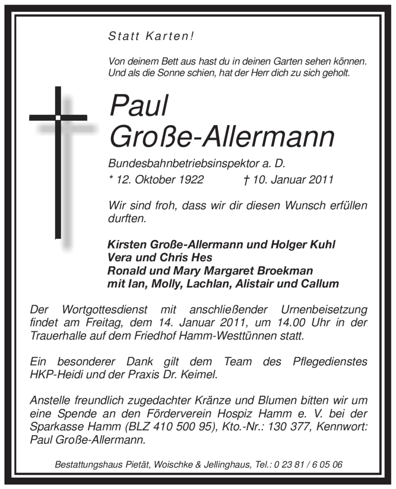  Traueranzeige für Paul Große-Allermann vom 13.01.2011 aus WESTFÄLISCHER ANZEIGER