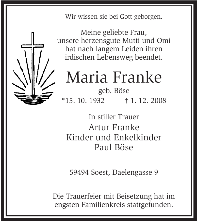  Traueranzeige für Maria Franke vom 11.12.2008 aus WESTFÄLISCHER ANZEIGER